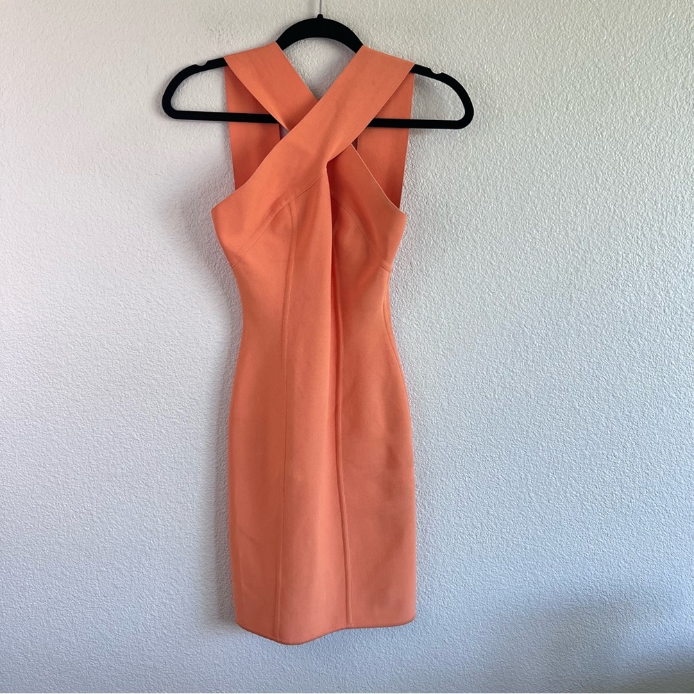 Herve Leger Coral Orange Cross-Front Bandage Dress